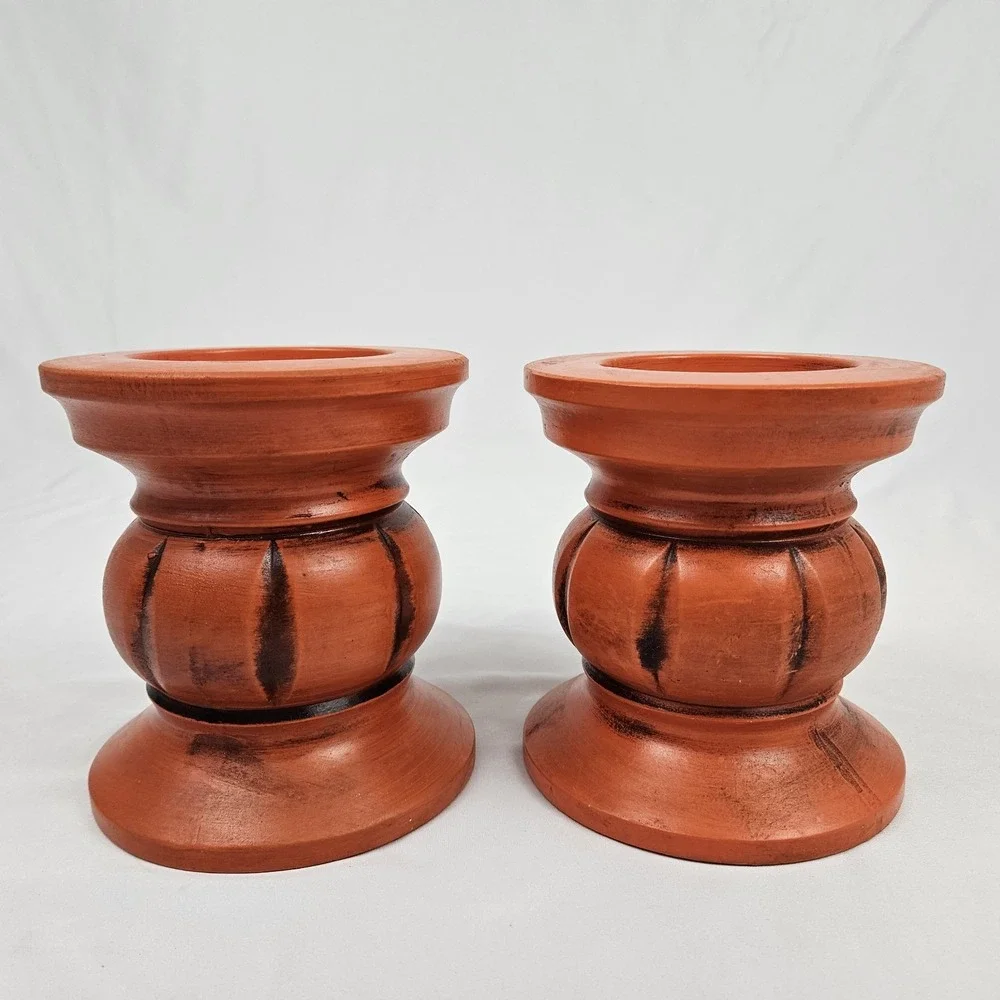 Vintage Boho Pillar Candle Holders Retro Orange Pottery 1960's Japan MCM